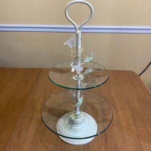 2 tiered glass and metal cake/dessert and tea sandwich stand